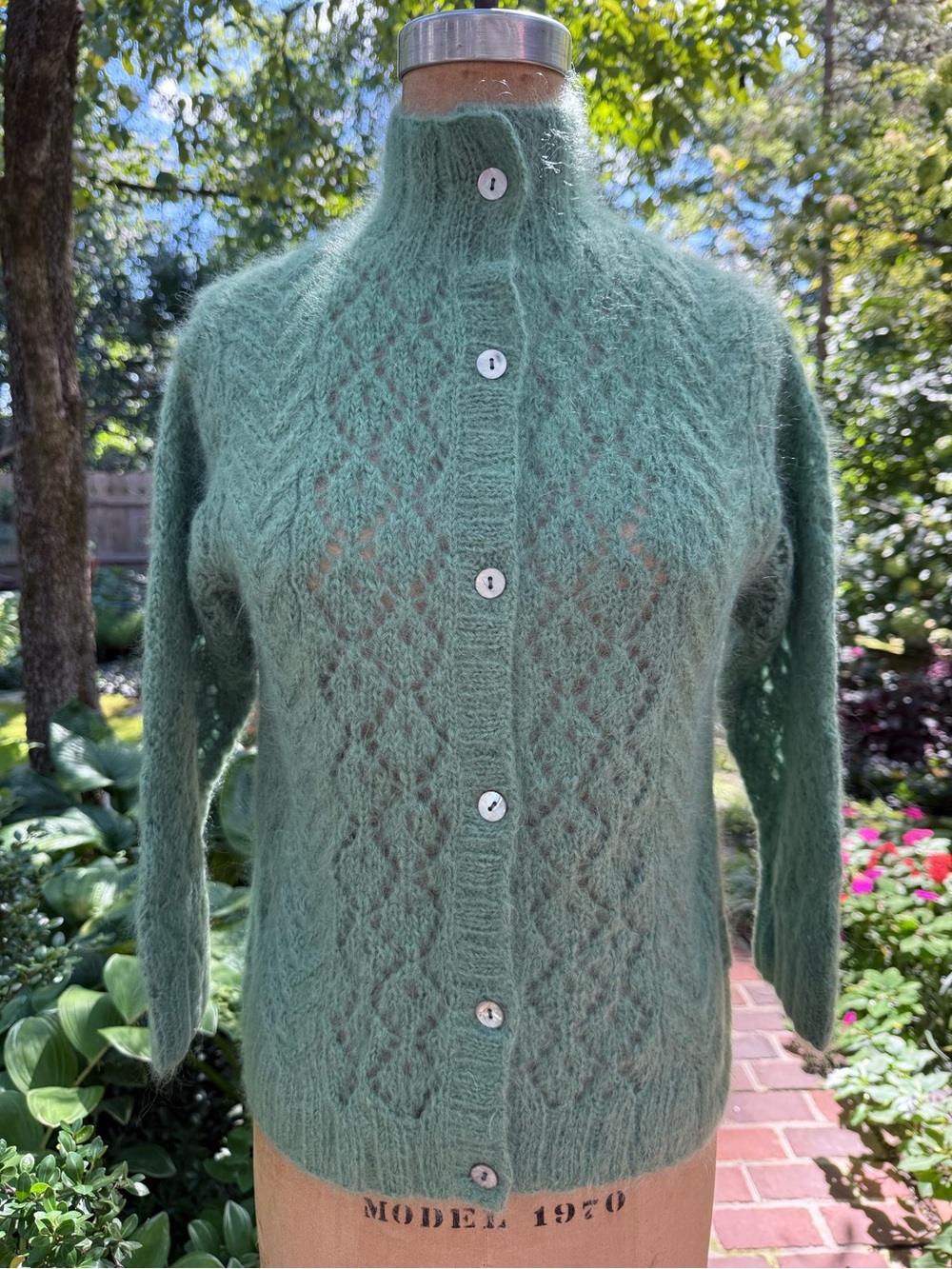 Hand Knit Mohair-Blend Pointelle Cardigan Sweater in Soft Green